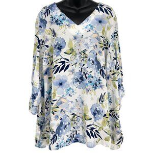 Marybelle Womens Floral Top Tunic Blouse Plus 3X White V-Neck Half Sleeve New